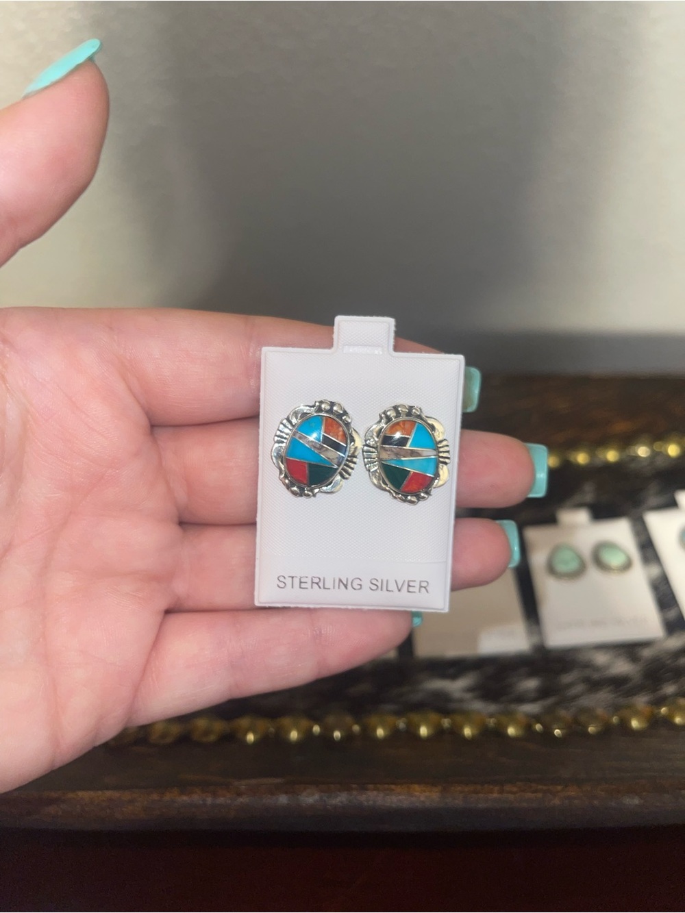 Sterling Silver Multicolor Inlay Round Stud Earrings